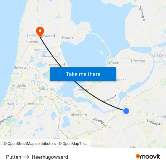 Putten to Heerhugowaard map