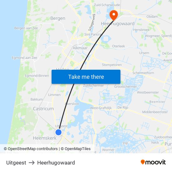 Uitgeest to Heerhugowaard map