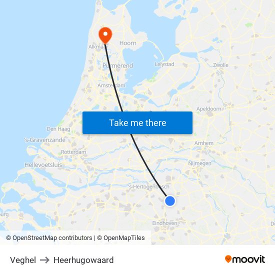 Veghel to Heerhugowaard map