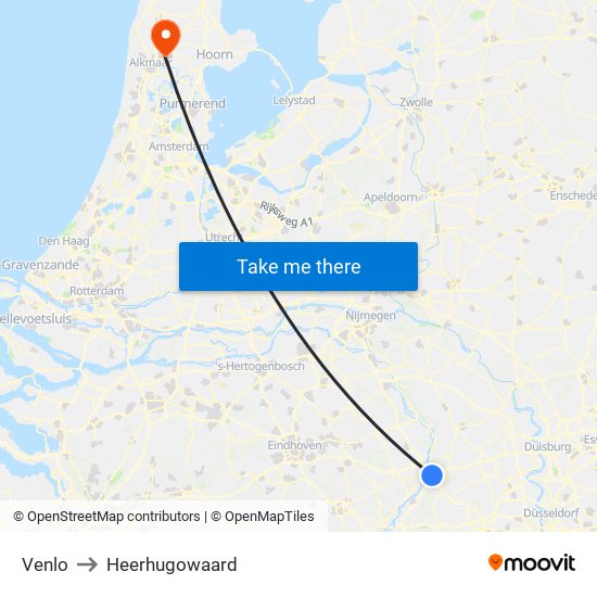 Venlo to Heerhugowaard map