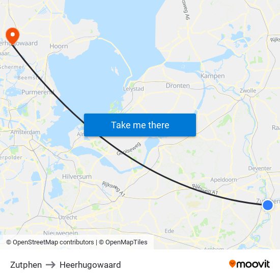 Zutphen to Heerhugowaard map