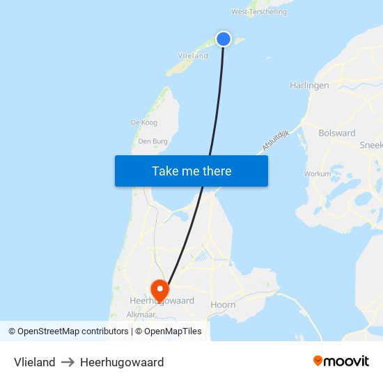 Vlieland to Heerhugowaard map