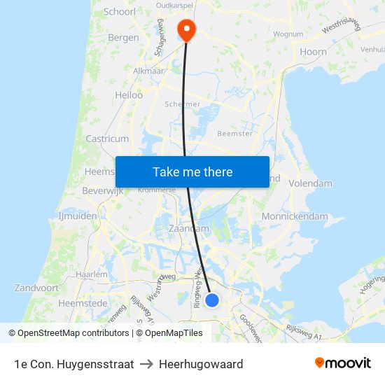 1e Con. Huygensstraat to Heerhugowaard map