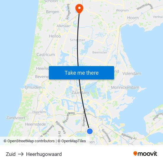 Zuid to Heerhugowaard map