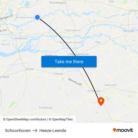 Schoonhoven to Heeze-Leende map