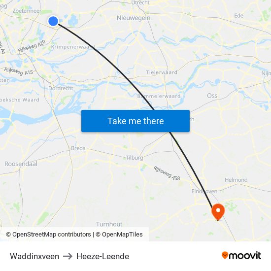 Waddinxveen to Heeze-Leende map