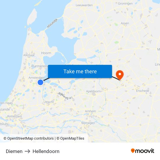 Diemen to Hellendoorn map