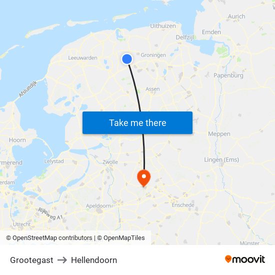Grootegast to Hellendoorn map