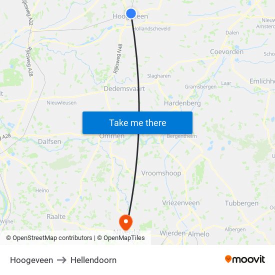 Hoogeveen to Hellendoorn map