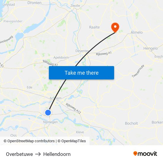 Overbetuwe to Hellendoorn map