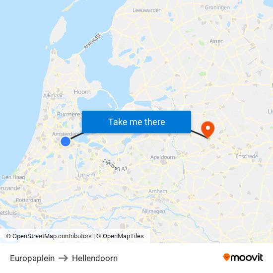 Europaplein to Hellendoorn map