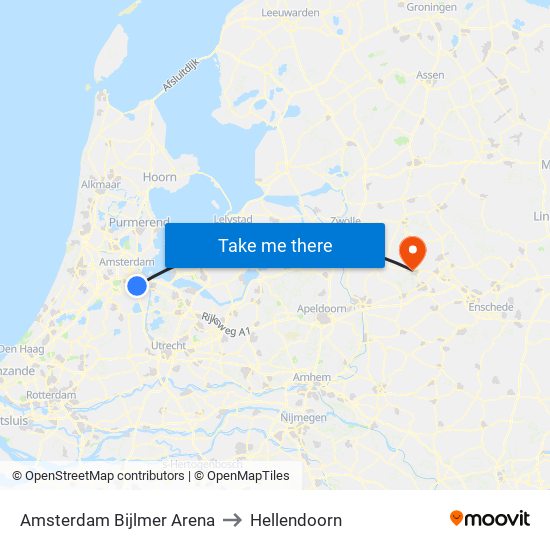 Amsterdam Bijlmer Arena to Hellendoorn map