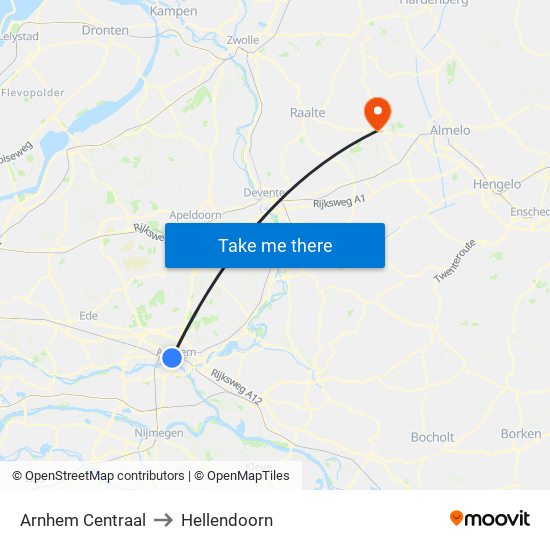 Arnhem Centraal to Hellendoorn map