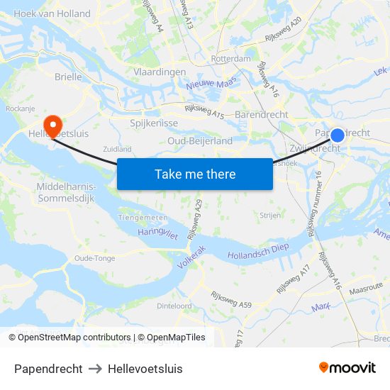 Papendrecht to Hellevoetsluis map