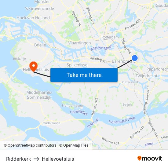 Ridderkerk to Hellevoetsluis map