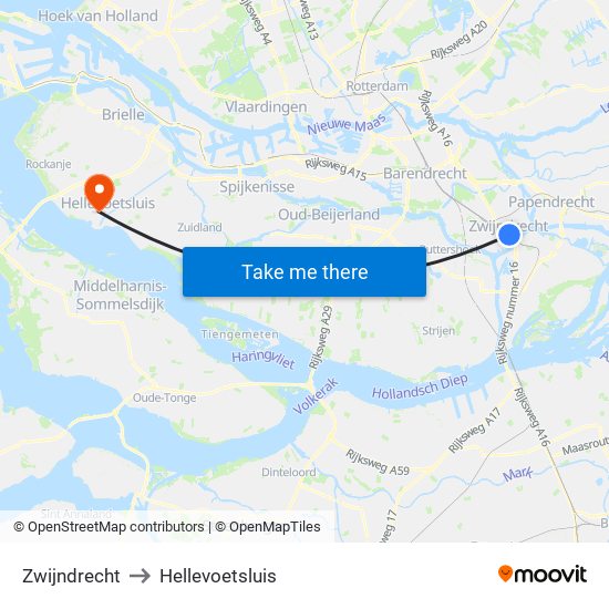 Zwijndrecht to Hellevoetsluis map