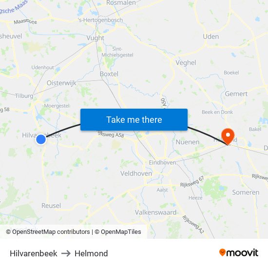 Hilvarenbeek to Helmond map