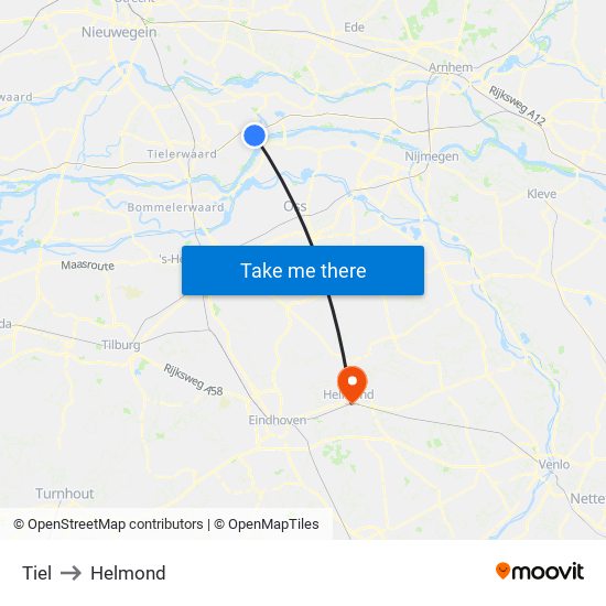 Tiel to Helmond map