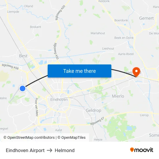 Eindhoven Airport to Helmond map
