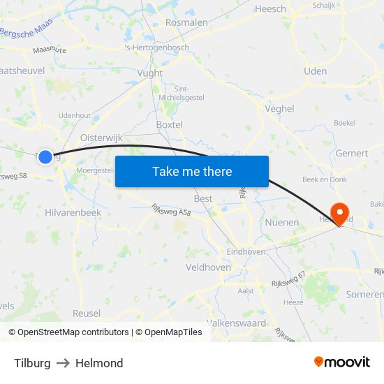 Tilburg to Helmond map