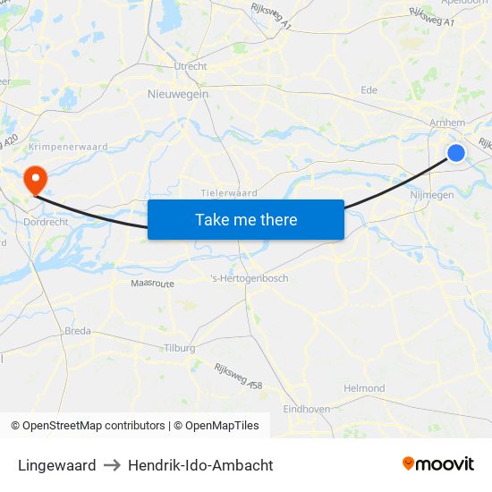 Lingewaard to Hendrik-Ido-Ambacht map