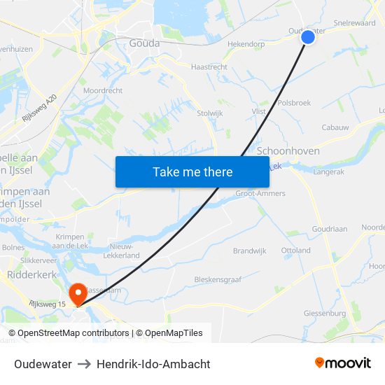 Oudewater to Hendrik-Ido-Ambacht map