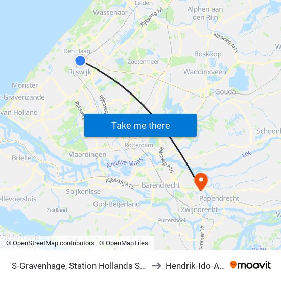 'S-Gravenhage, Station Hollands Spoor (Perron A) to Hendrik-Ido-Ambacht map