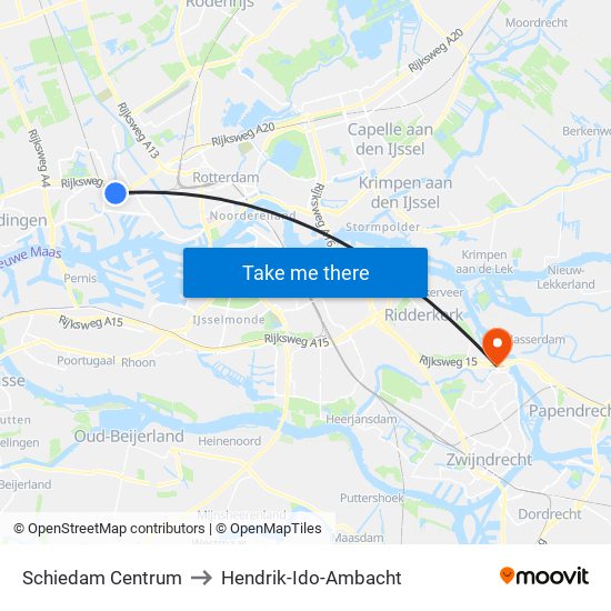Schiedam Centrum to Hendrik-Ido-Ambacht map