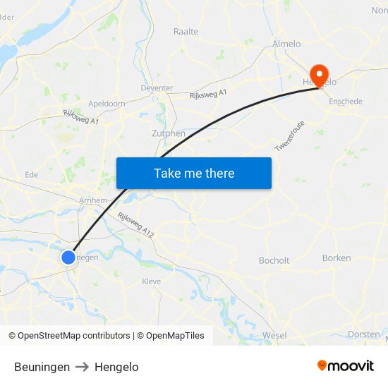 Beuningen to Hengelo map