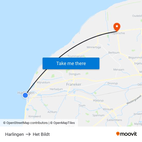 Harlingen to Het Bildt map