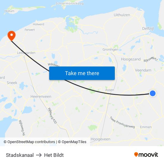 Stadskanaal to Het Bildt map