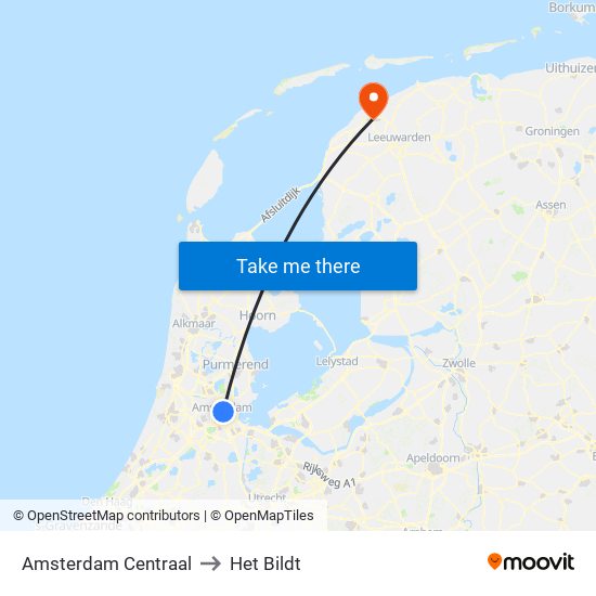 Amsterdam Centraal to Het Bildt map