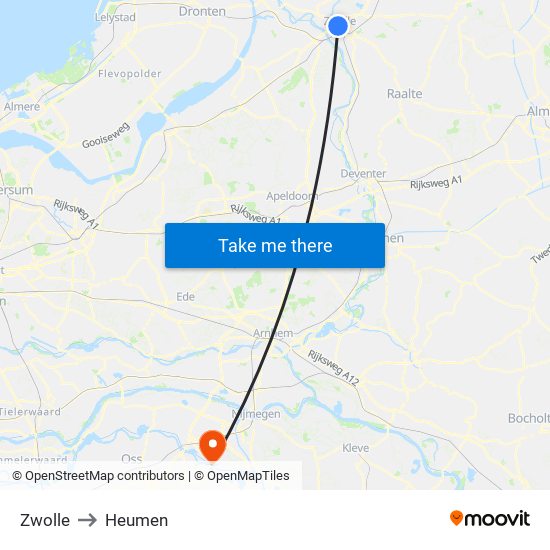 Zwolle to Heumen map