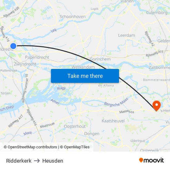 Ridderkerk to Heusden map