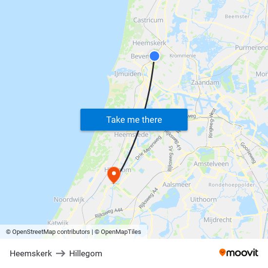 Heemskerk to Hillegom map