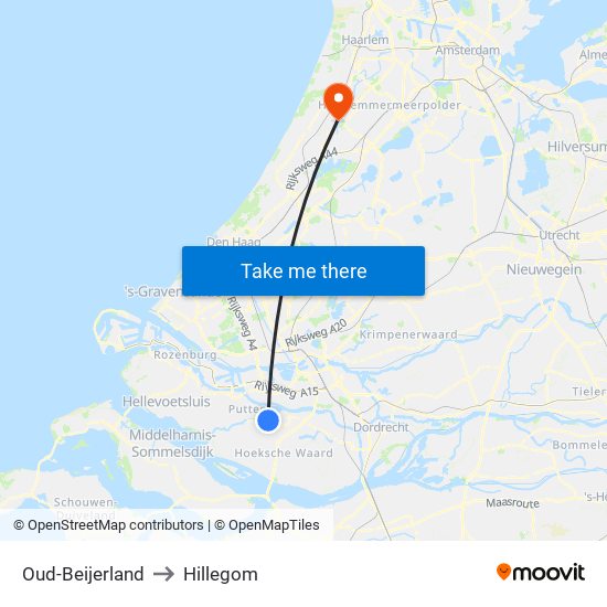 Oud-Beijerland to Hillegom map