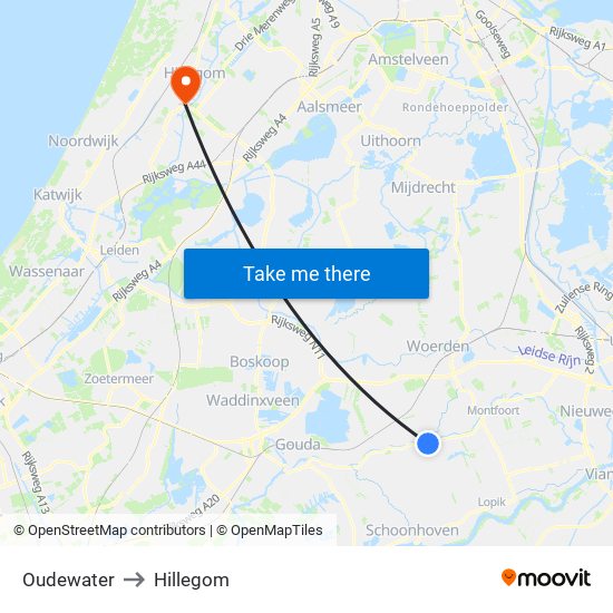 Oudewater to Hillegom map