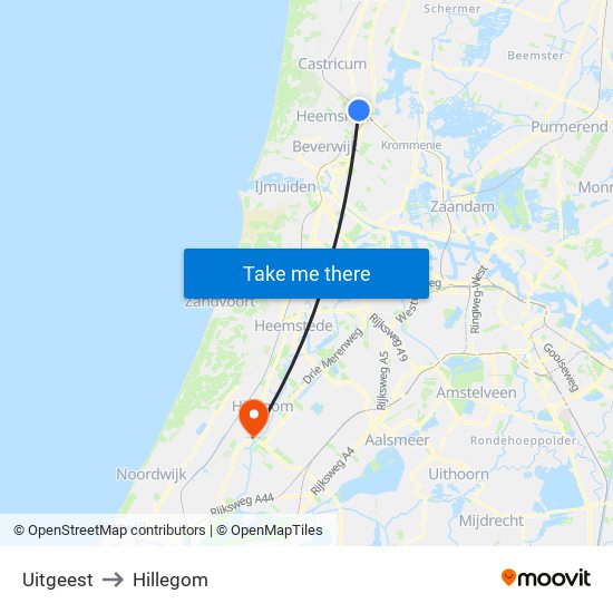 Uitgeest to Hillegom map