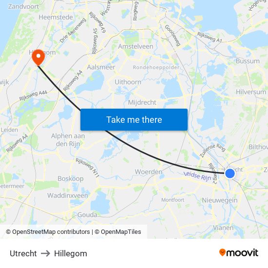 Utrecht to Hillegom map