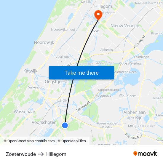 Zoeterwoude to Hillegom map