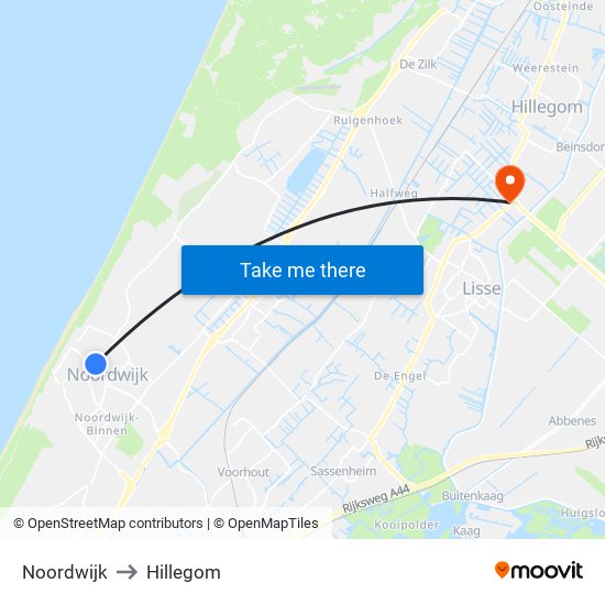 Noordwijk to Hillegom map