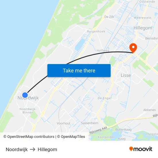 Noordwijk to Hillegom map