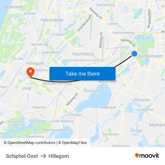 Schiphol-Oost to Hillegom map