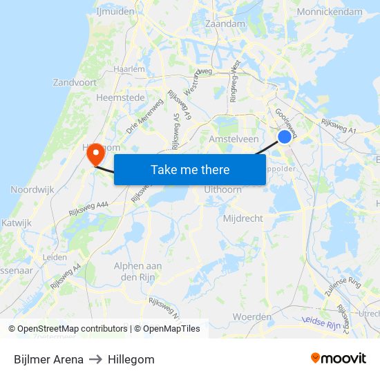 Bijlmer Arena to Hillegom map