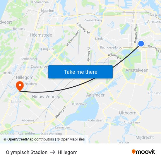 Olympisch Stadion to Hillegom map