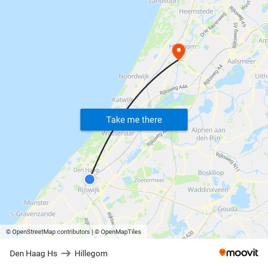 Den Haag Hs to Hillegom map