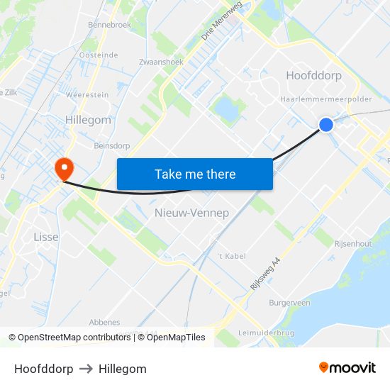 Hoofddorp to Hillegom map