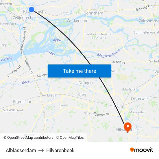 Alblasserdam to Hilvarenbeek map