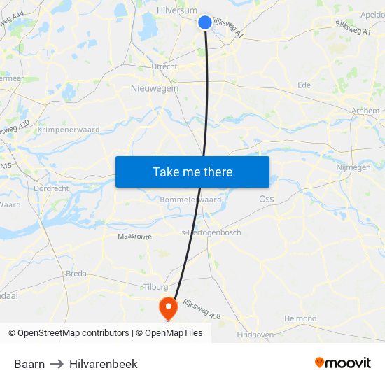 Baarn to Hilvarenbeek map