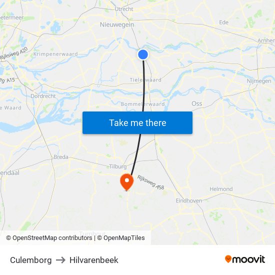 Culemborg to Hilvarenbeek map